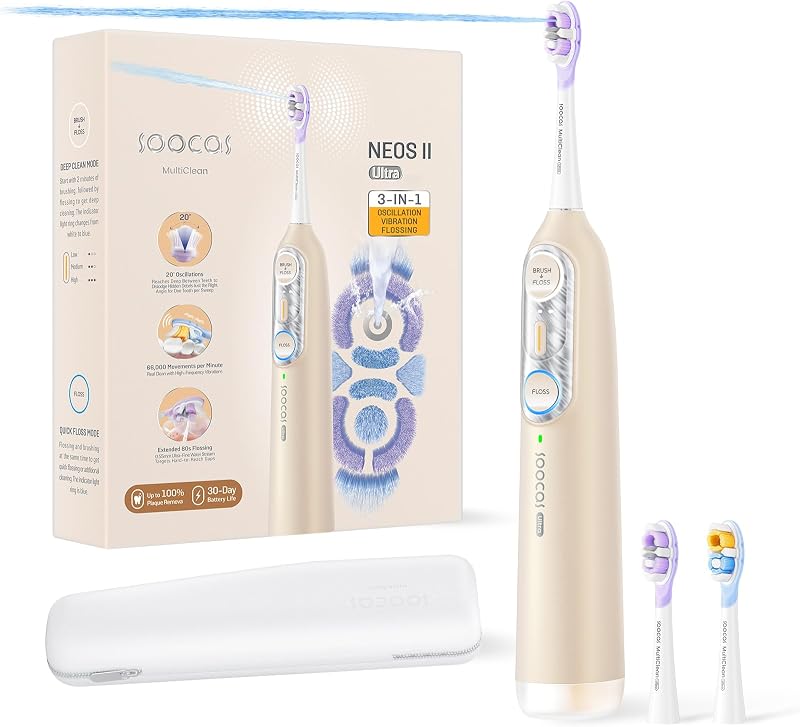 Soocas NEOS II Ultra Electric Toothbrush with Water Flosser, Champagne Gold | Flossing, brushing and oscillation for gum care and sensitive teeth, compact design, 30-day battery, travel-ready case