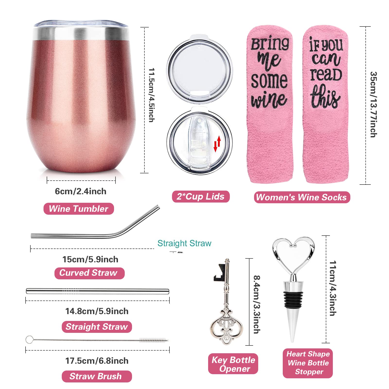 RANJIMA Wein Geschenkset für Freundin,Weinbecher Geschenkset mit Deckel Weinsocken Flaschenöffner Strohhalm,12Oz Weinbecher Kaffeebecher Weintasse für Getränke,Champagner,Cocktail,Geburtstag Geschenke
