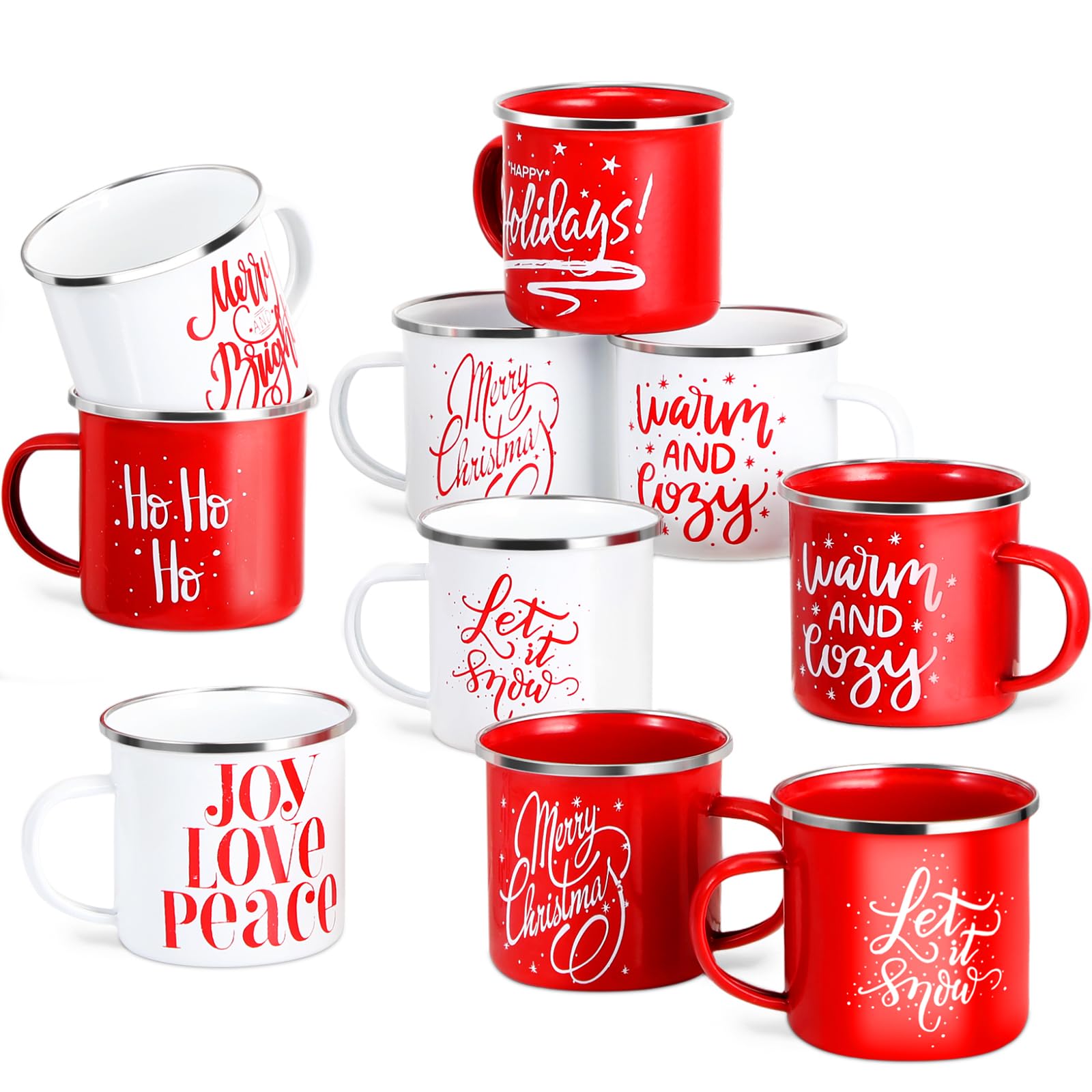 Uiifan 50 Pcs Christmas Enamel Mugs Bulk Cute 12 oz Galvanized Steel Festive Funny Novelty Coffee Cup Merry
