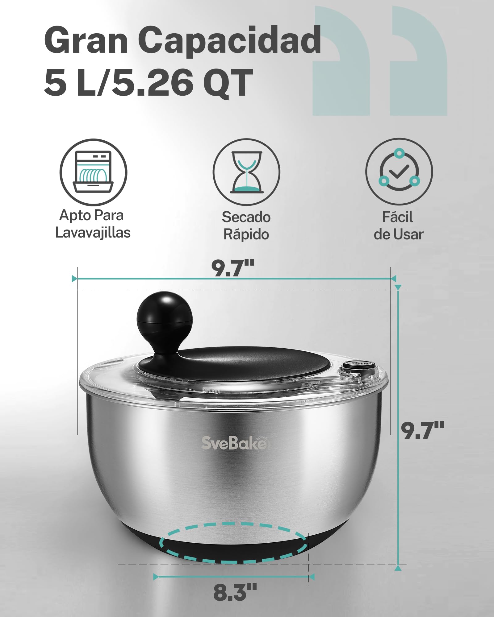 SveBake Centrifugadora Lechuga Acero Inoxidable con Botón de Parada, 5.3L Escurridor Verduras con Base Antideslizante, Escurridor Ensalada Sin BPA