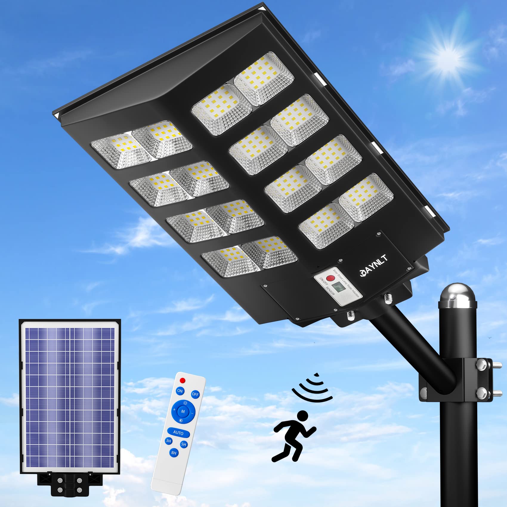 JAYNLT Y-3000W Solar Street Lights Outdoor, Commercial Parking Lot Light with Motion Sensor, 6500K Waterproof Security Flood Lights Dusk to Dawn for Yard, Garden Parking Lot