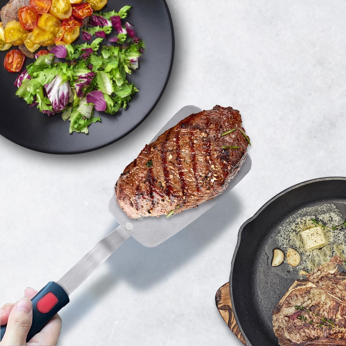 Edelstahlspatel, flexibler Metall-Pfannenwender mit Schlitzen für Gusseisen-Bratpfanne, dünne Klinge und hitzebeständiger Silikongriff, ideal für Eier, Kekse, Fleisch, Crep, groß