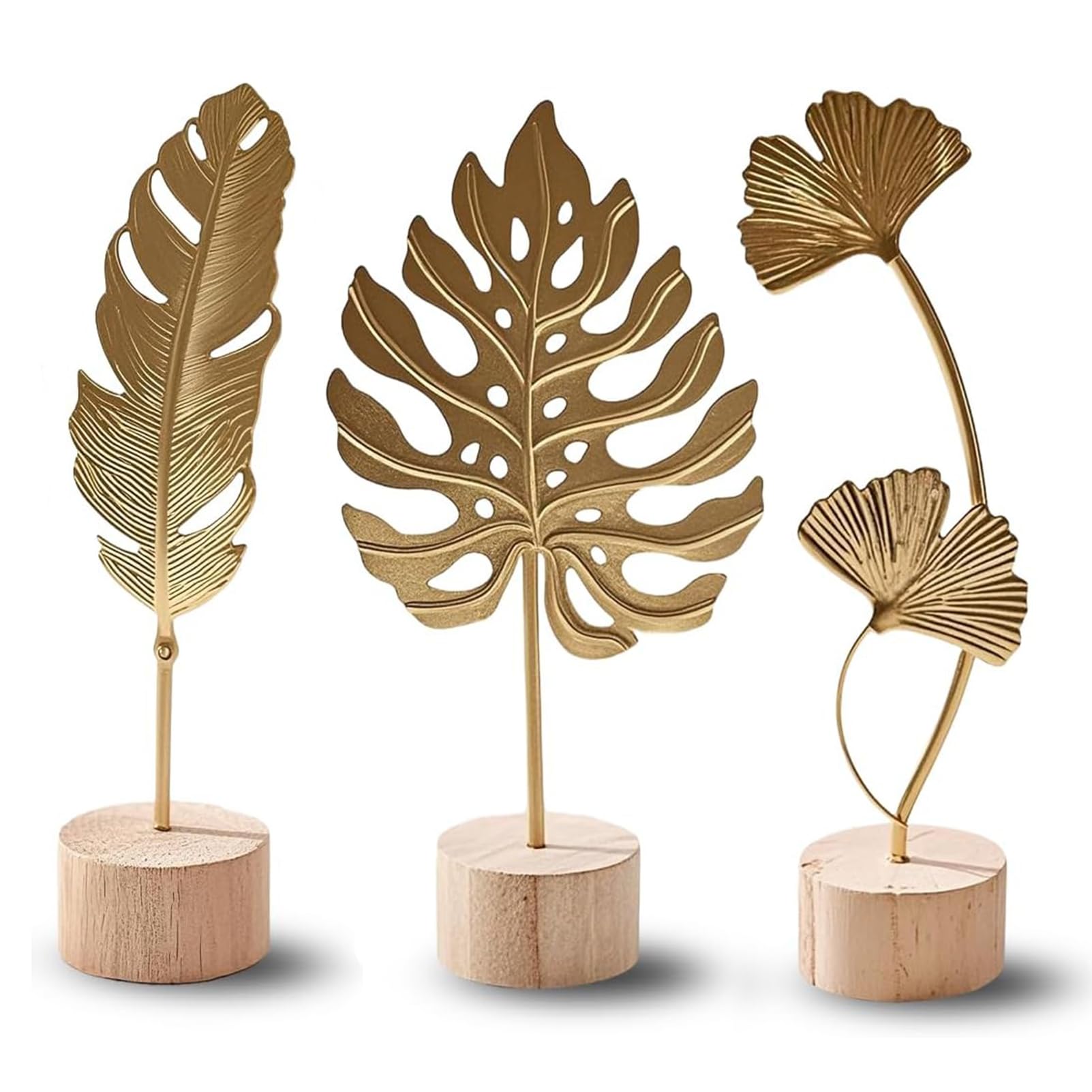 Gold Leaf Home Decor Set – Metal Leaf Tabletop Ornament with Wood Base, 3 Designs (Monstera, Ginkgo, Feather) for Desk, Shelf, Living Room