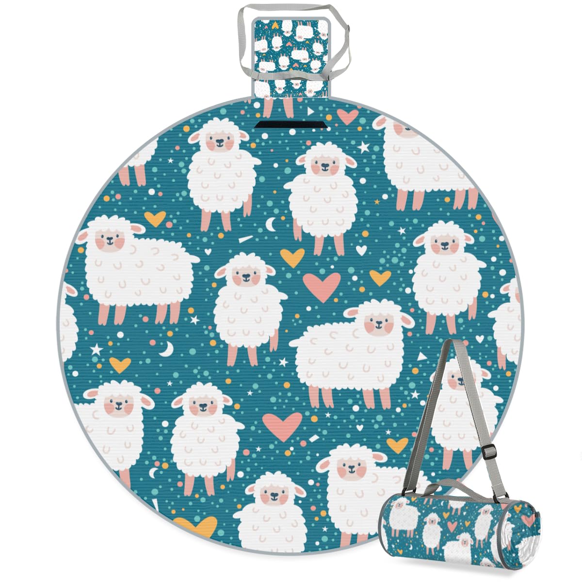 Shimoshe Lovely Polka Dot Lamb Picnic Outdoor Blanket Foldable Waterproof Sandproof Beach Blanket Portable Water-Resistant Round Picnic Mat for Travel Camping Park Lawn