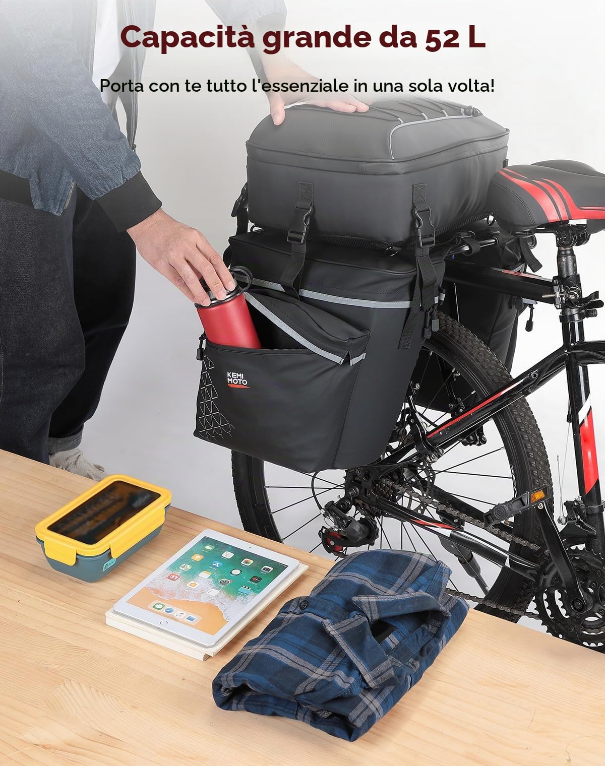 KEMIMOTO Borsa Bici 3 in 1, 52L Borse Bici Posteriore Laterali con Copertura Antipioggia, Borse per Bicicletta Posteriori Impermeabile, Nero
