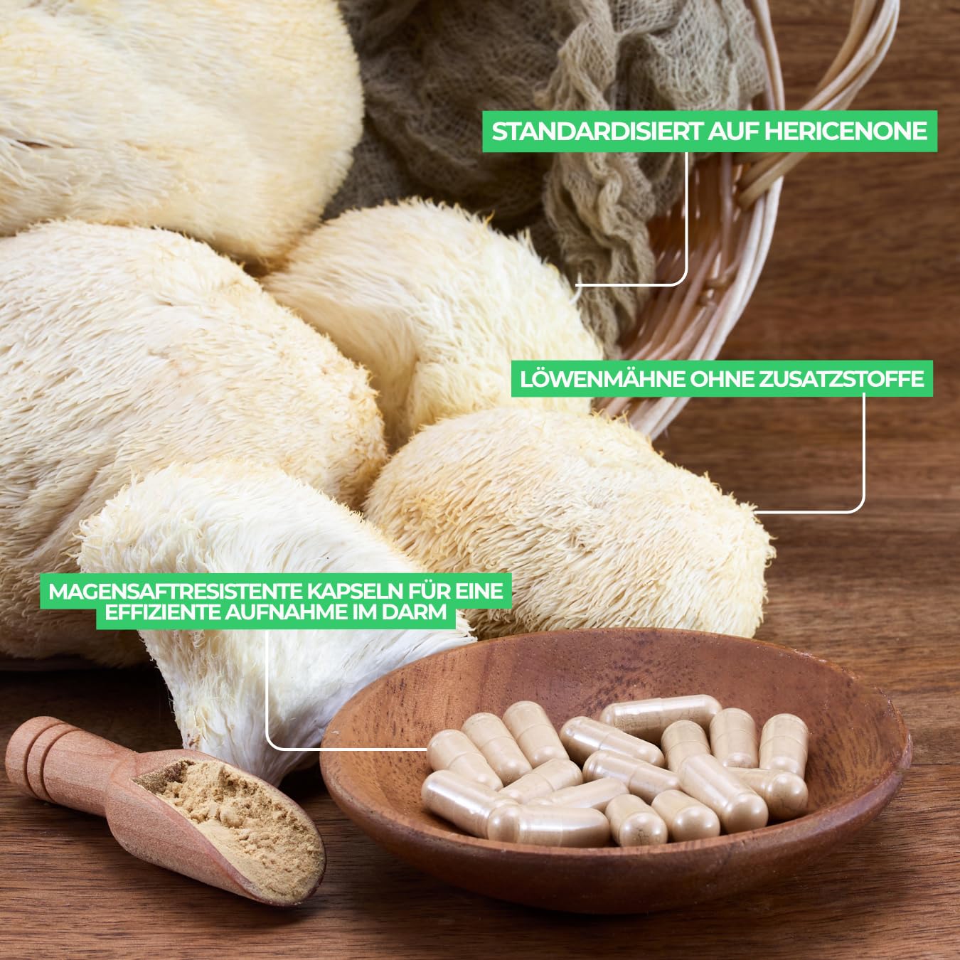 Lion's Mane 500mg Kapseln (Hericium Erinaceus) – Kognition, Gehirngesundheit, Konzentration, Focus & Stimmung – 60 Vegane Kapseln – 2 Monate – Frankreich