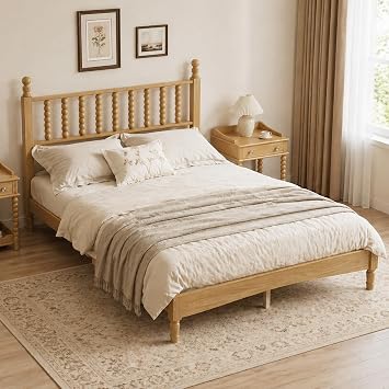 extrasleep Natural Vintage Wood Bed Frame Full Size with Spindle Headboard | Retro Style Full Platform Bed with Wood Slat Support, Traditional Wooden Bedframe for Kids Boys Girls Adults, Natural