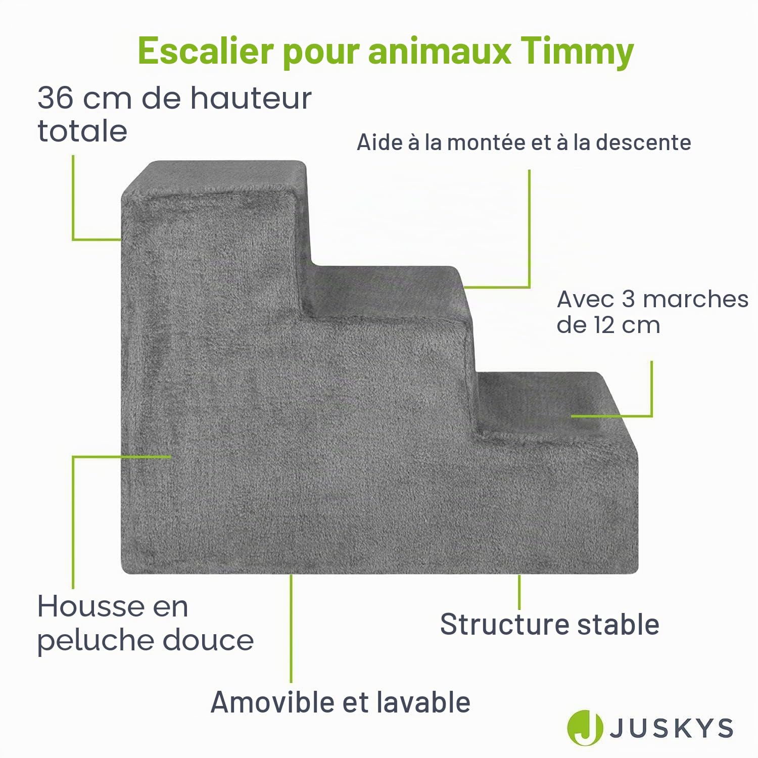 Juskys escalier pour Animaux de Compagnie escalier pour Chiens 36 cm - 3 marches Housse en Peluche Lavable - escalier pour Chats Rampe pour Chiens pour lit, canapé, Divan et Voiture - Housse Grise