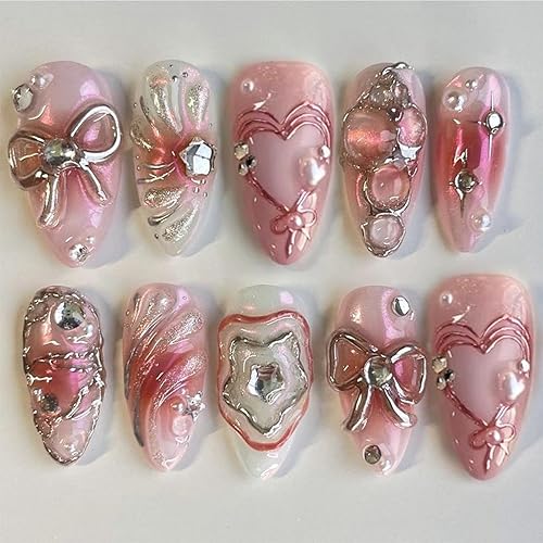 Pink Press on Nails Medium Almond Valentines Fake Nails with