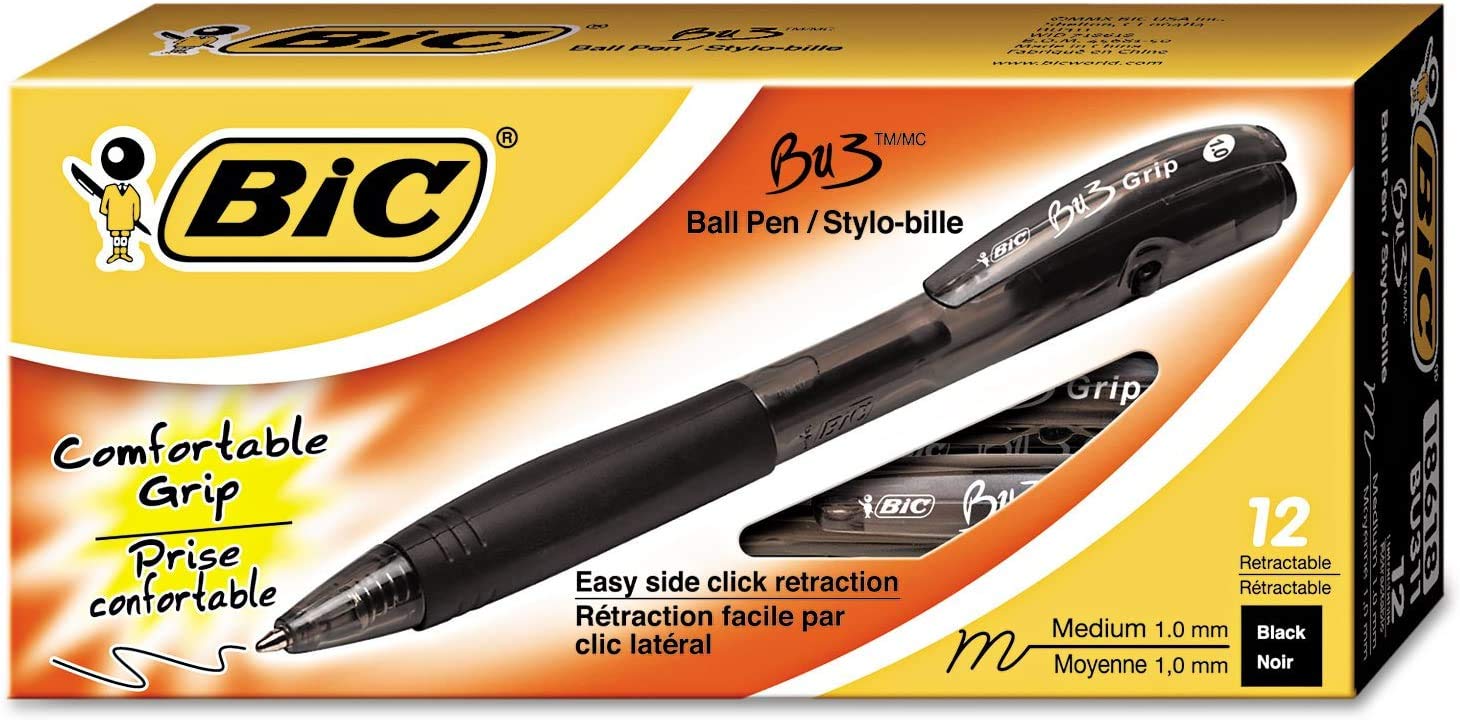 BICBU3 Retractable Ball Pen with Grip, 1 mm Medium Tip, Black, Pack of 12
