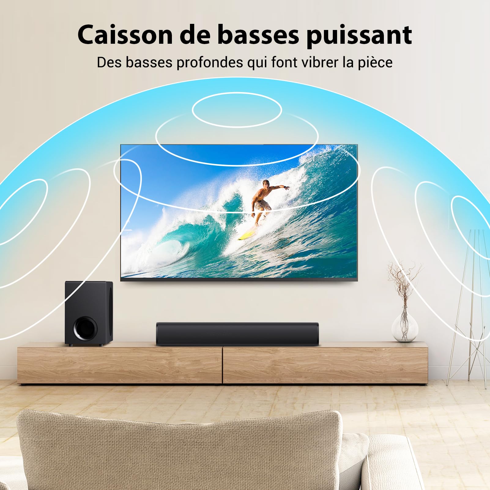 Barre de Son pour TV avec 5.9'' Big Powerful 110W Subwoofer, Enceintes TV aux Deep Bass, Bluetooth 5.3/Arc/Opt/AUX Connectivité, Système de Son Surround pour PC/Gaming/Projectors/Gift, 1Set