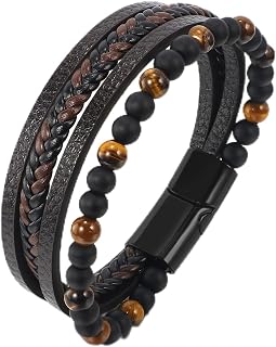 MEENAZ Bracelet for Men Black Brown | Leather Bracelet for boys | Magnetic-Clasp Leather Mens Beads | Bracelets for Man St... Price In India