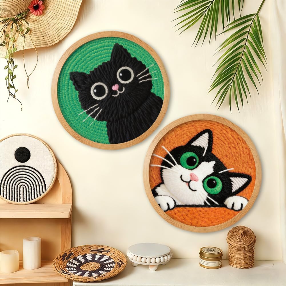 BEUNITONE 2Pcs Cute Cat Punch Needle Kit for Beginners, with Hoop-20x20cm