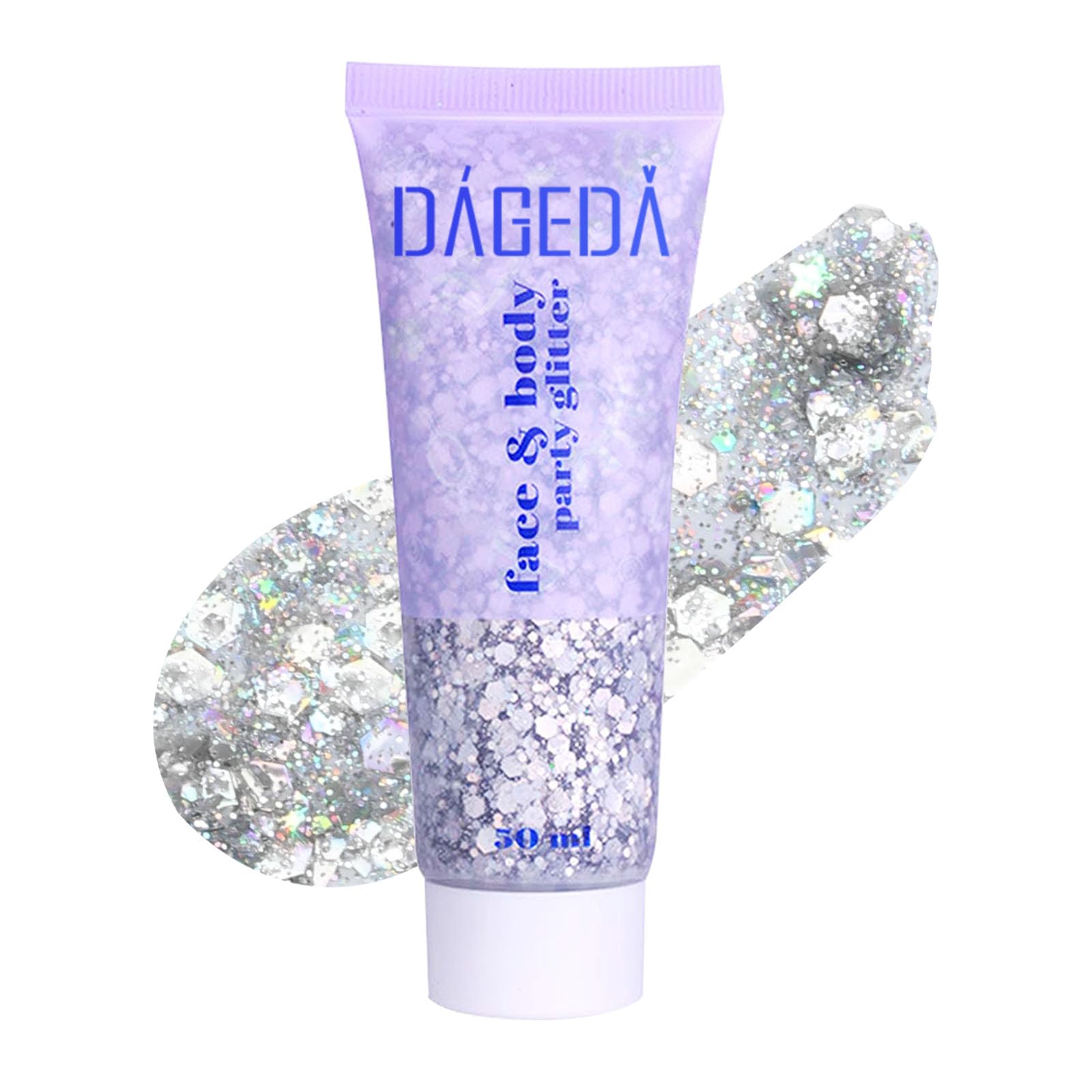Prreal Body Glitter Gel 50ml, Face Glitters Body Gel Sequins Shimmer Liquid Eyeshadow, Chunky Glitter for Face Hair Nails, Holographic Cosmetic Laser Powder Festival Glitter Makeup(05 Silver)