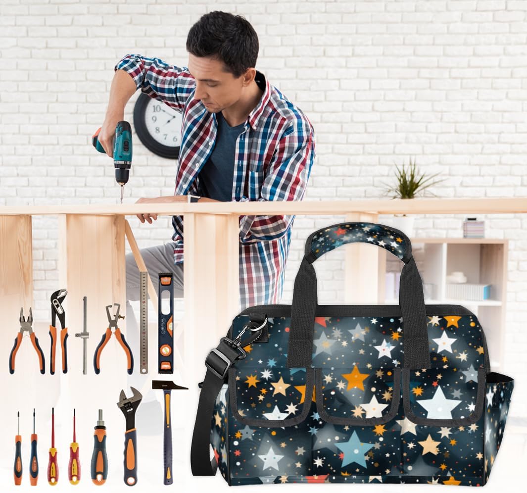 Cute Funny Stars Tool Bag with Multi-Pockets Wide Mouth Tool Tote Bag for Women and Men Waterproof Tool Organizer Storage Bag with Adjustable Shoulder Strap and Ergonomic Handle