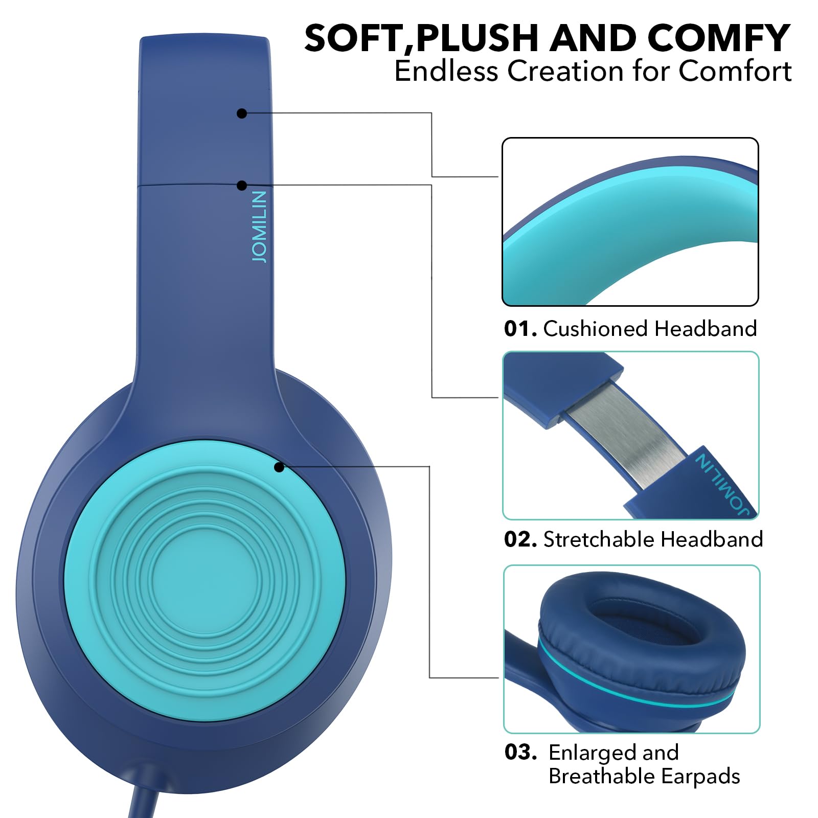 JOMILIN Cuffie sovrauricolari A8 con microfono, leggere, pieghevoli, stereo bassi, con cavo anti-groviglio da 1,5 m, cuffie cablate portatili per smartphone, tablet, computer, MP3/4 (blu)