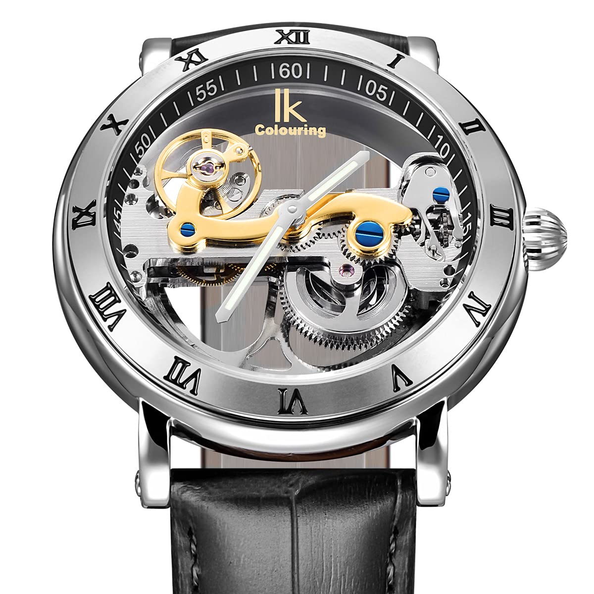 Alienwork IK Orologio Automatico Uomo Donna Scheletro Meccanismo a Ponte Fondo in Vetro
