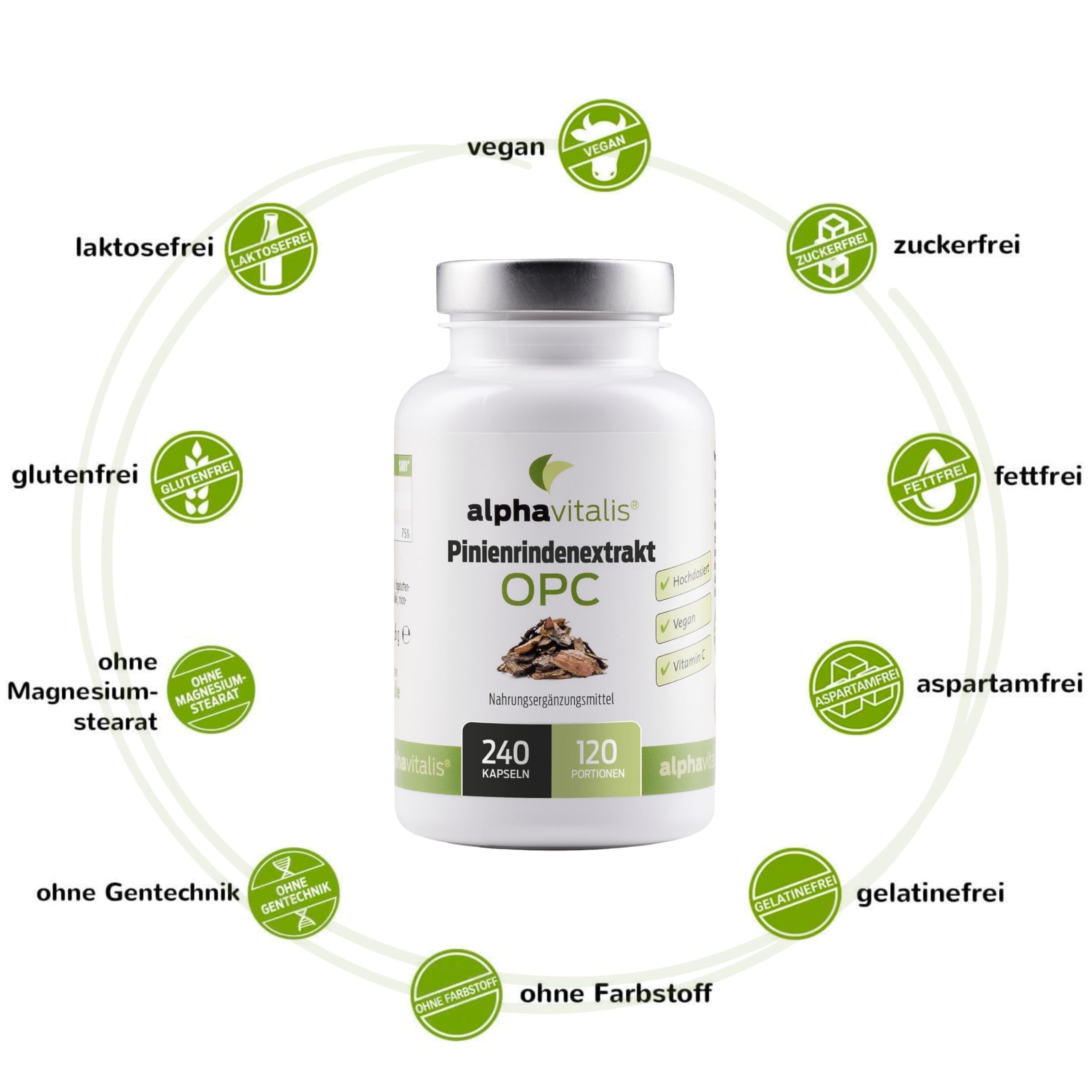 Pinienrindenextrakt Kapseln hochdosiert mit 32% OPC + natürliches Vitamin C - 240 Stk. - 500mg veganer Kiefernrindenextrakt - laborgeprüft aus Pinus pinaster