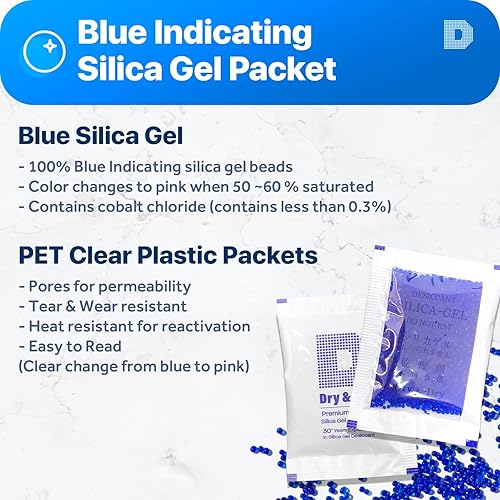 Miniatura 10 de Dry & Dry Paquetes de gel de sílice de 0.35 oz 1000 paquetes Indicador azul (azul a rosa) Paquetes de gel de sílice desecantes Paquetes de gel de