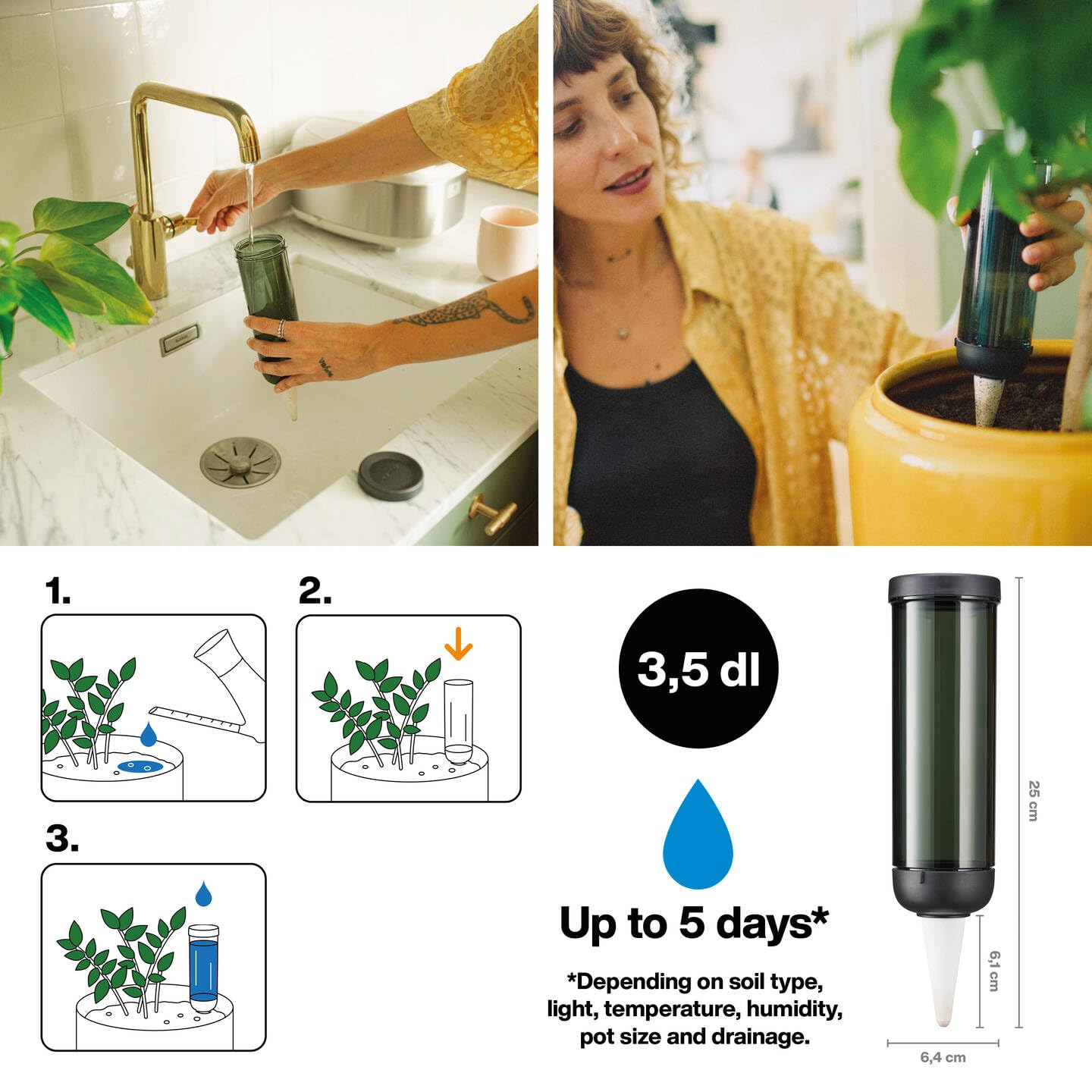 Fiskars Urban Plant Care dozownik wody do roślin, do wnętrz i na balkon, 350 ml, do 5 dni ciągłego nawadniania, 6,4 x 25 cm, ceramika/tworzywo sztuczne, ciemnozielony, 1075380
