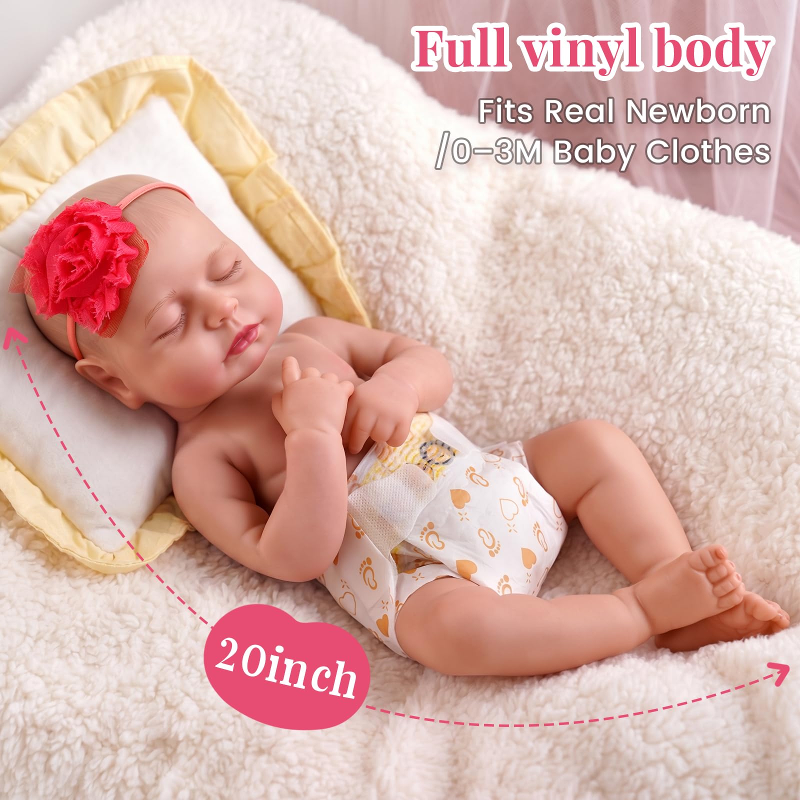 JIZHI Bambole Reborn - 20 Pollici Bambola Femmina In Silicone - Neonato Addormentato Con Vestiti e Accessori Giocattolo Per Bambini 3+ Anni