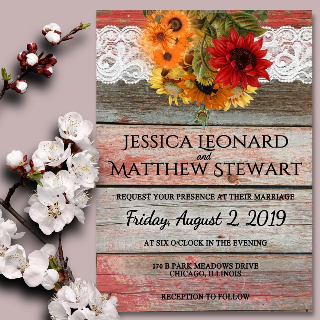 Rustic Fall Wedding Invitations Casual or Formal Custom Country Invitation Set of 15 Sunflower and Lace-Printed Personalized Autumn Invites
