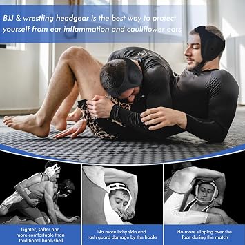 Wrestling Headgear and BJJ Ear Guard, Soft and Low Profile, Reinforced Stitching, Padded Chin Strap, Includes Protective Storage & Washing Bag