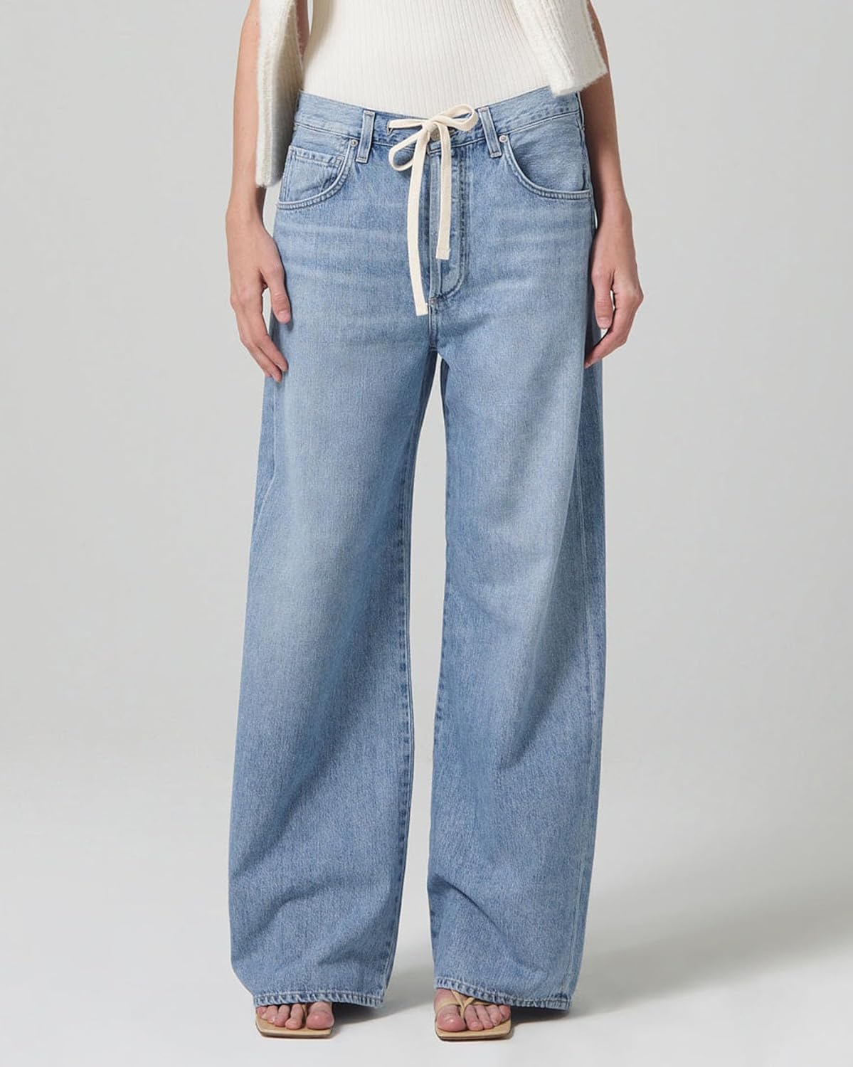 Women Wide Leg Jeans High Rise Drawstring Denim Pants Loose Boyfriend Baggy Trouser Jeans Blue - Image 5