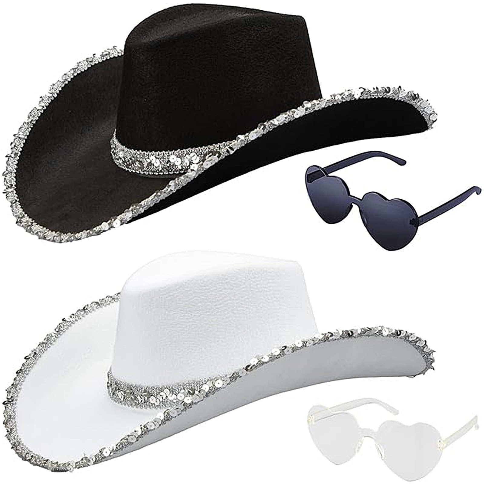 Tanganan Cowboy Hat, 2pcs Cowgirl Hat Halloween Costume for Women Men Adult Western Cow Girl Hats with Heart Glasses Dress Up Cow Girl Costume for Bachelorette Bachelor Party (black+white)