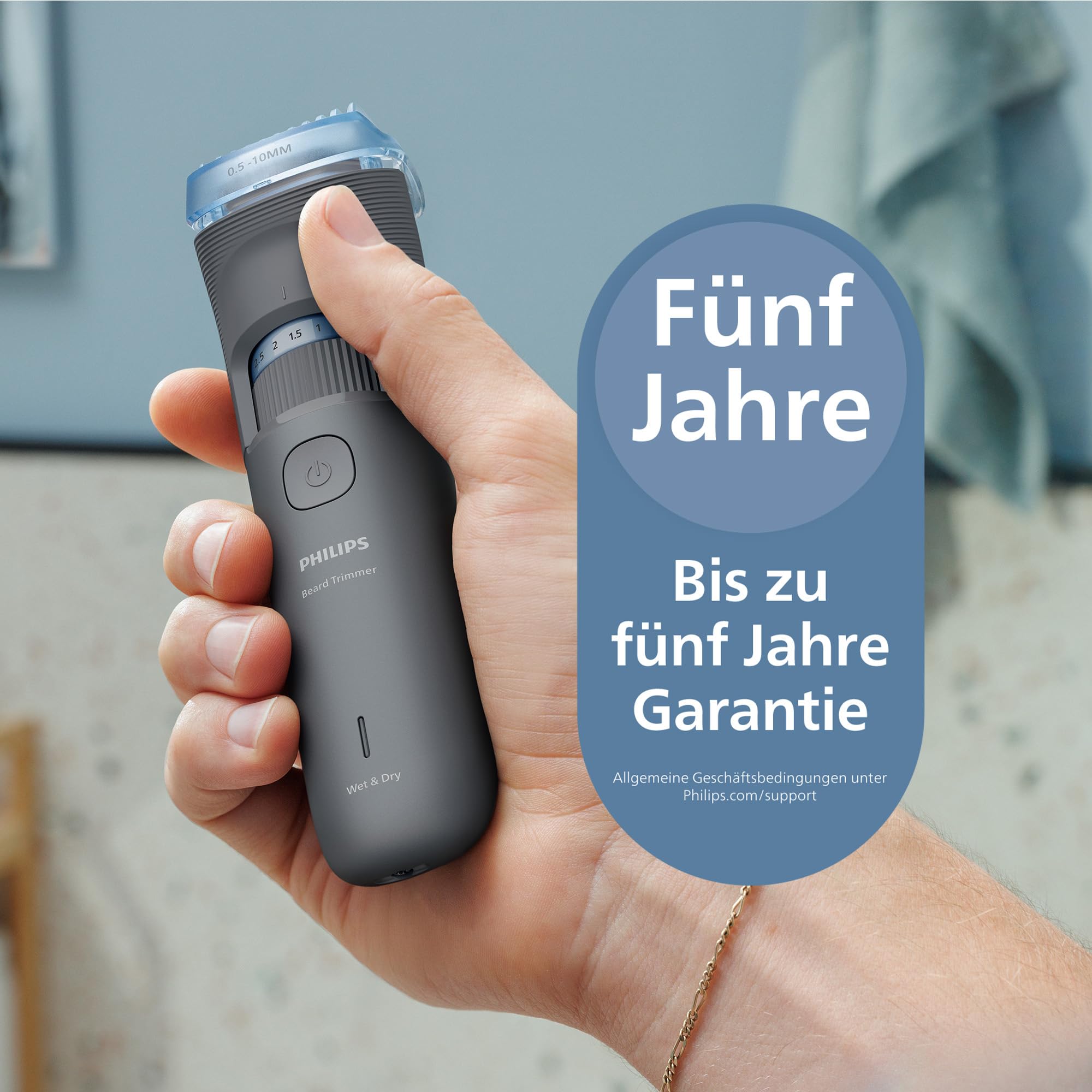 Philips Bartschneider 3000er-Serie – selbstschärfende Klingen mit abgerundeten Spitzen, 20 Längeneinstellungen, Lift&Trim-Kamm, 100% wasserdicht, Akkuanzeige, USB-Ladegerät, Modell BT3619/15