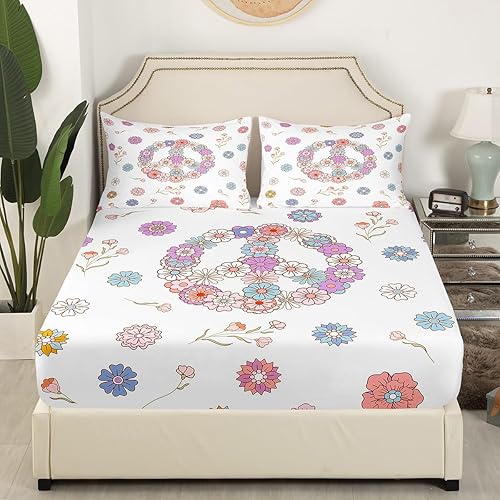 Miniatura 3 de Feelyou Juego de sábanas de flores hippie retro, juego de sábanas de arte hippie de la paz, decoración de la habitación, signo de la paz, obras de