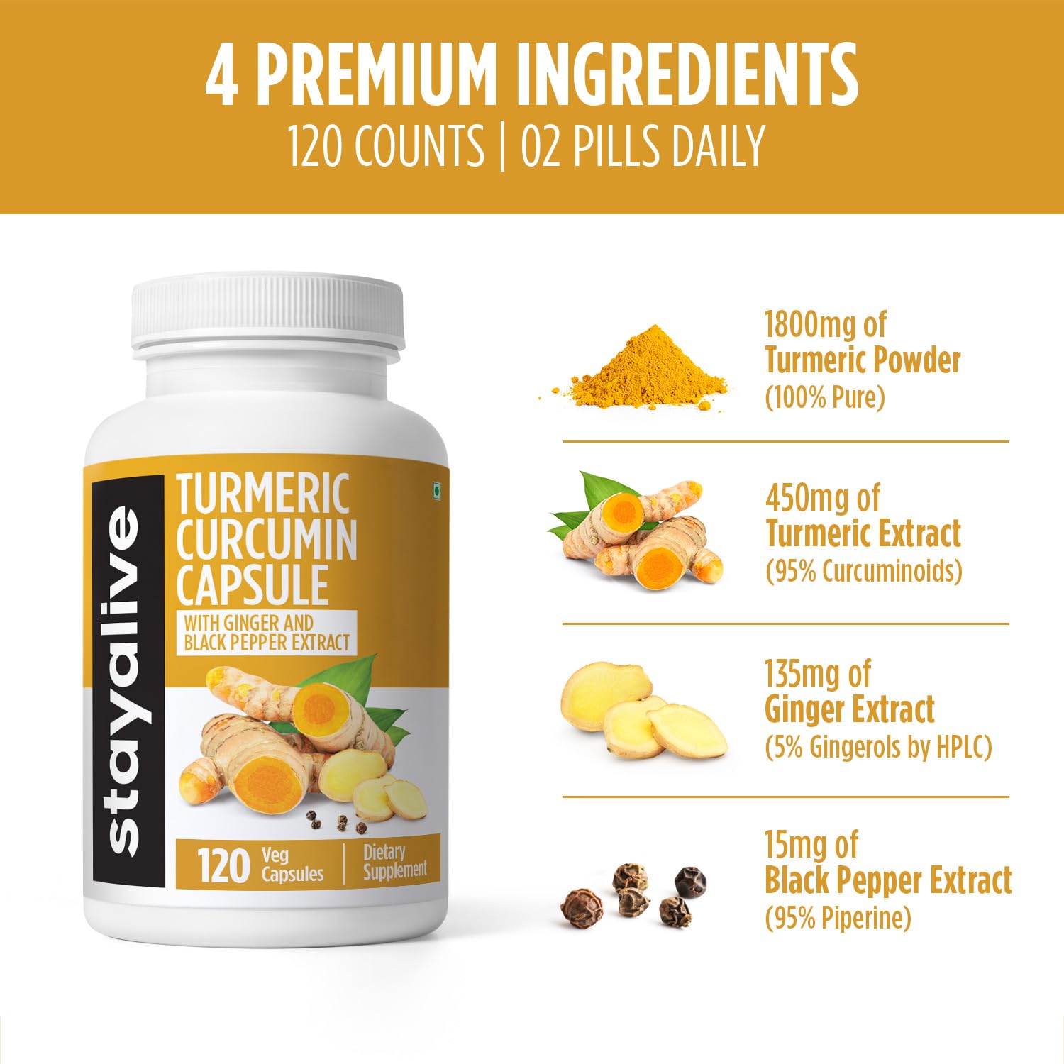 STAY ALIVE Turmeric Curcumin Capsules | 95% Curcuminoids with Black Pepper & Ginger Root Extract | Supports Joint Health, Immune Health & Antioxidant Support | Non-GMO & Gluten-Free | 120 Capsules 4