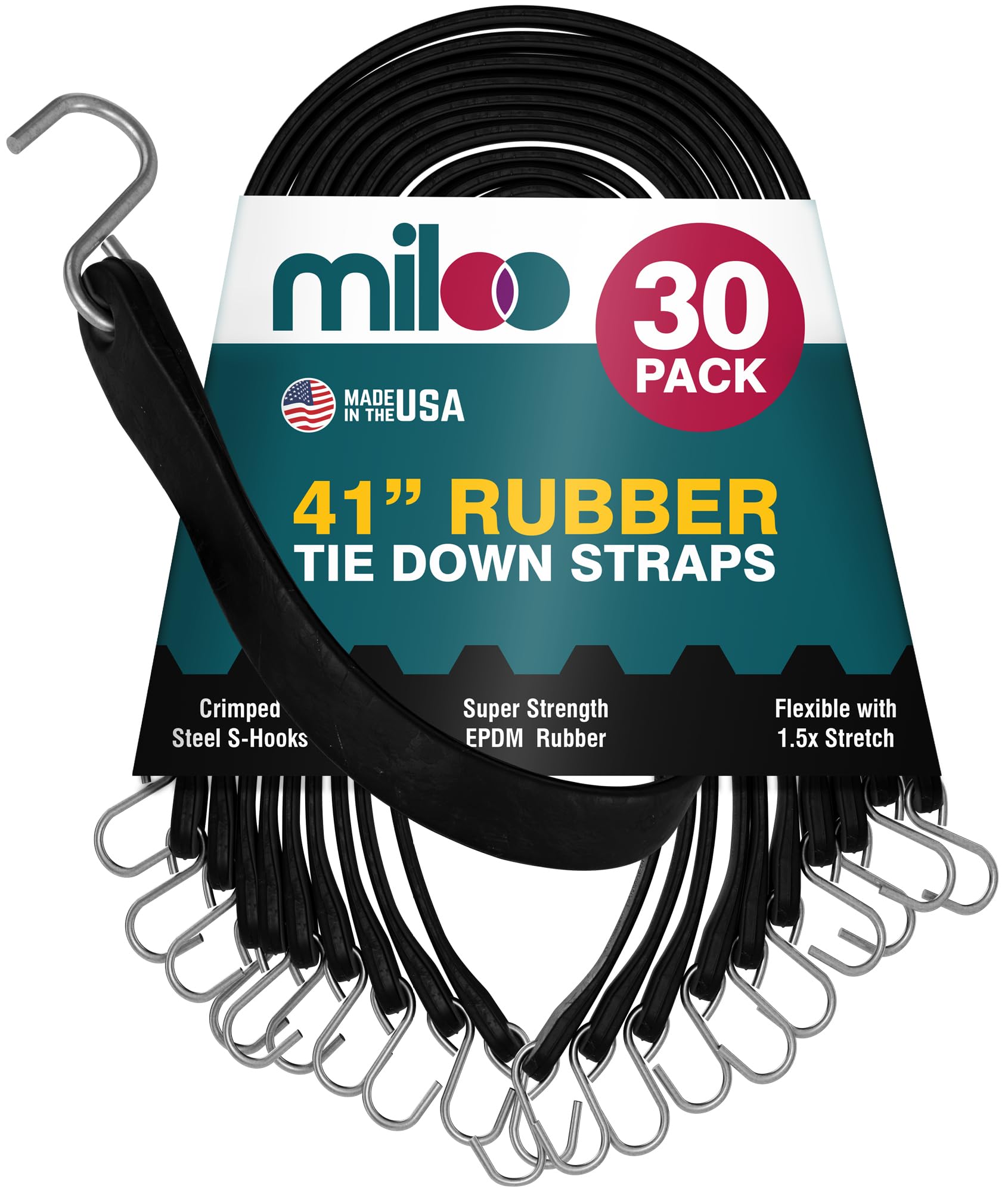 Miloo Rubber Bungee Cords with Hooks - Heavy Duty Tarp and Cargo Straps - Made in USA - 41 Inch - Pack of 30