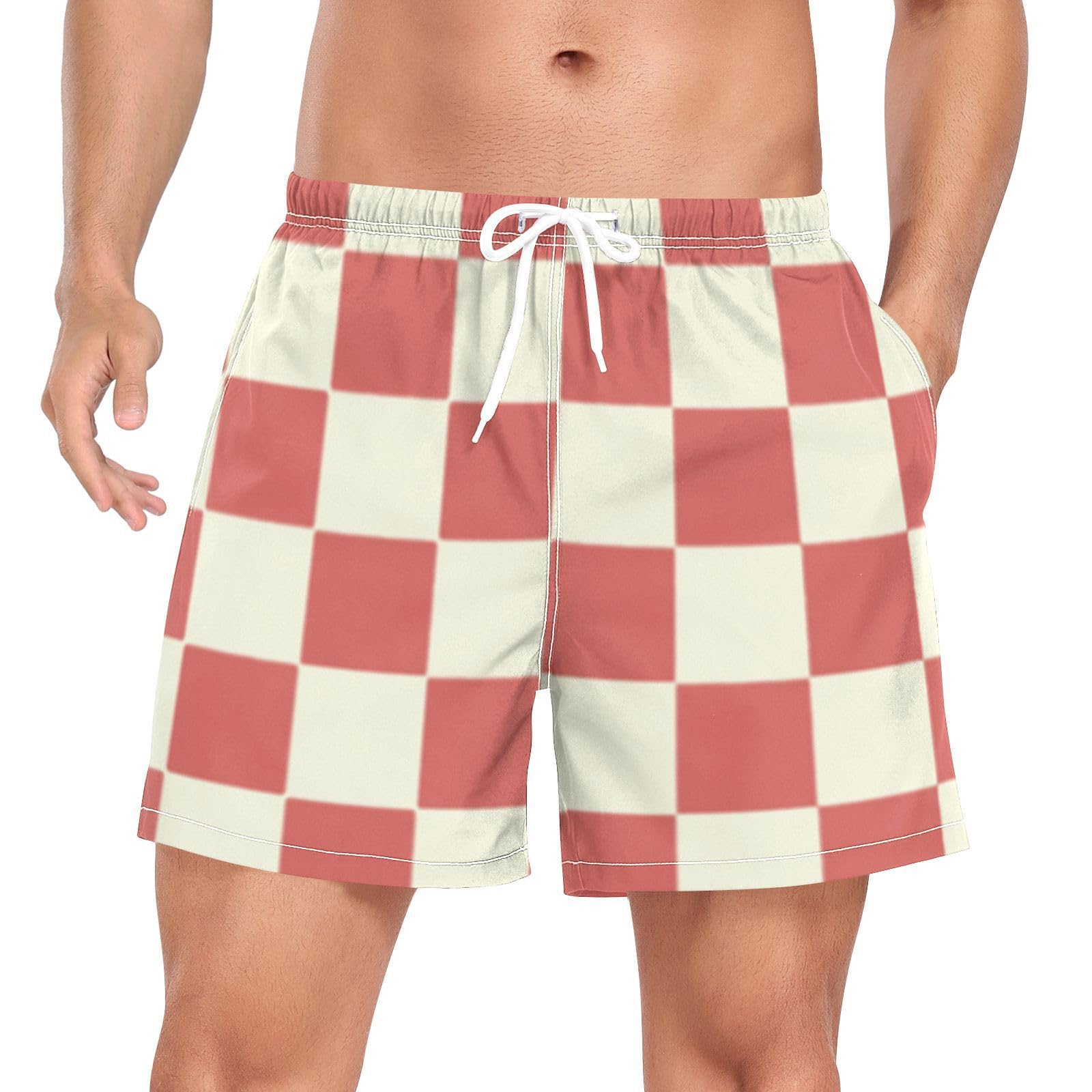 Bañador para hombre a cuadros rojos y beige de secado rápido para playa 8