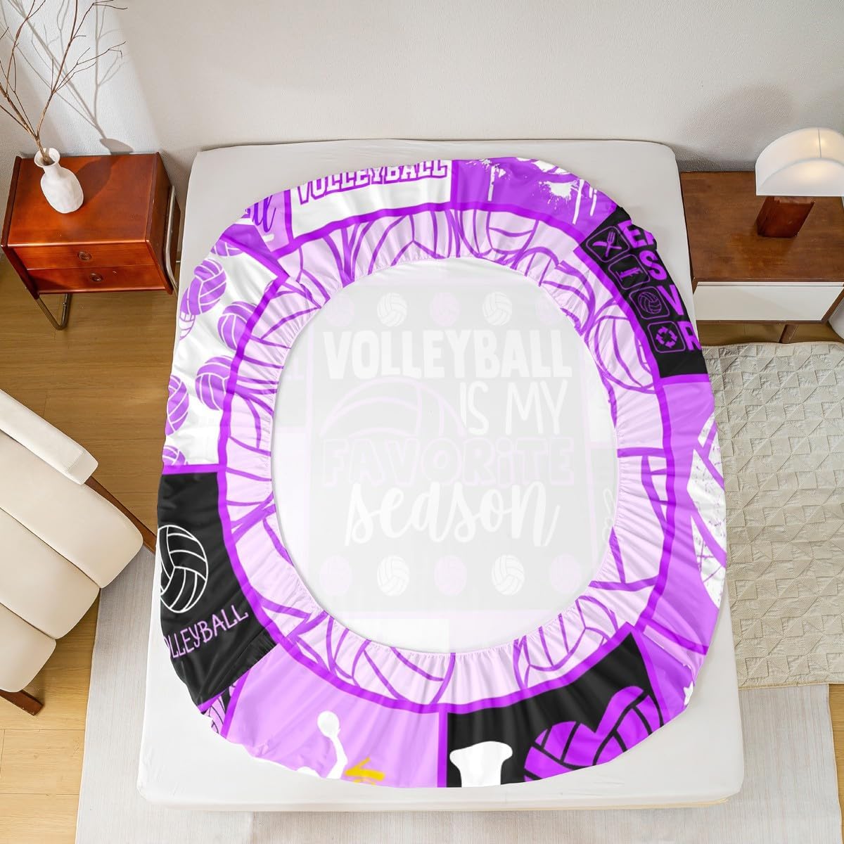 Kids Volleyball Fitted Sheet Twin Size Balls Sports Bedding Set 2pcs for Girls Teens Boys Bedroom Decor Fashion Geometric Patchwork Plaid Bed Sheet Purple Black Deep Pocket Sheet,1 Pillowcase