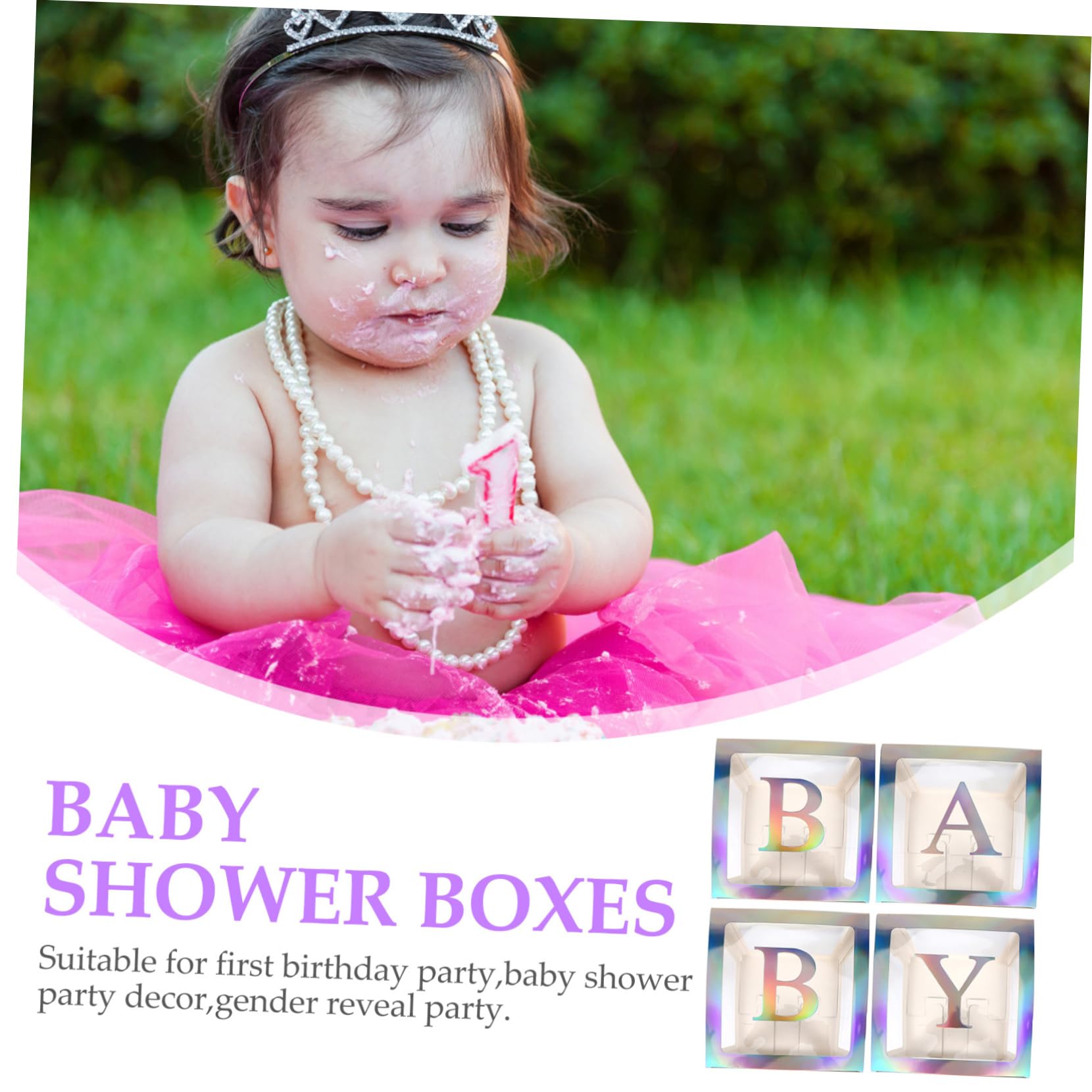 Babyparty Kasten Satz mit 4 Teilen aus Papier in Silber | Transparente Ballonbox, Buchstaben B A B Y Enthalten, für Babyparty und Home Decor