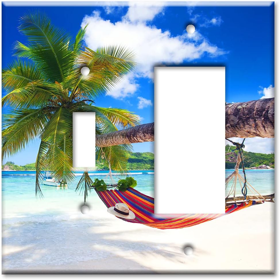 Art Plates - OVERSIZED Switch Plate - OVER SIZE Decorative Metal Wall Plate - Combo: Toggle - Decora - Tropical Beach Palm Tree Hammock - (Made in USA)