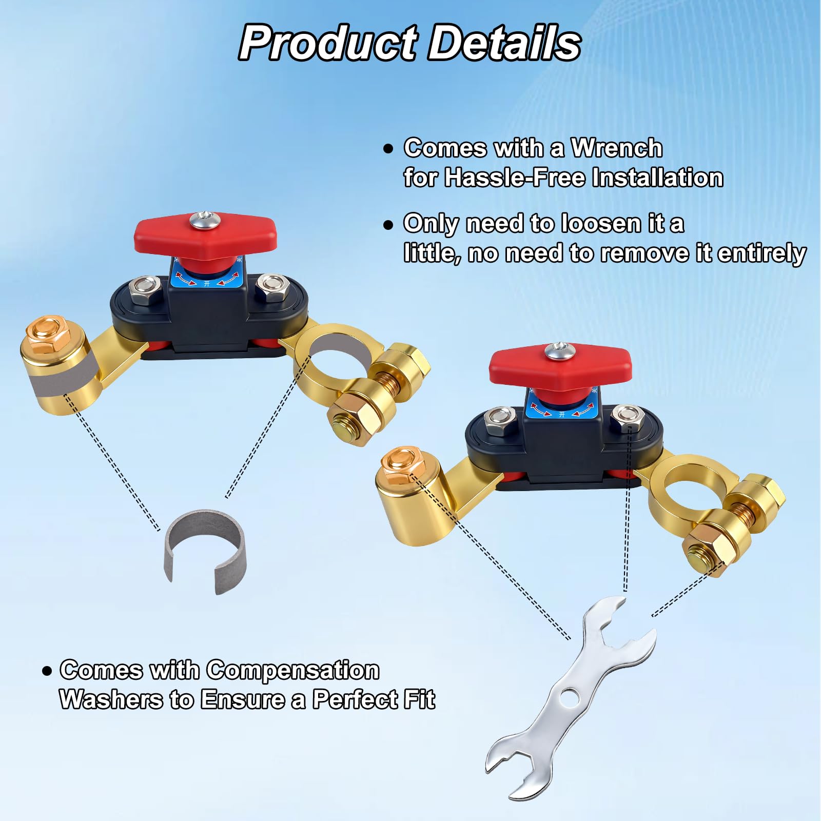 Heavy Duty Car Battery Disconnect Switch, 12v-24v Battery Kill Breaker with Pure Copper Construction, Rotary On/Off Power Cut Off Switch for Cars, Boats, RVs (with Wrench & Gasket) - 3