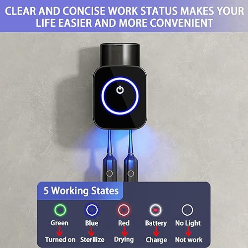 Miniatura 4 de Soporte para cepillos de dientes montado en la pared, 1 taza para cepillos de dientes con secado y limpieza inteligente, estuche de limpieza de