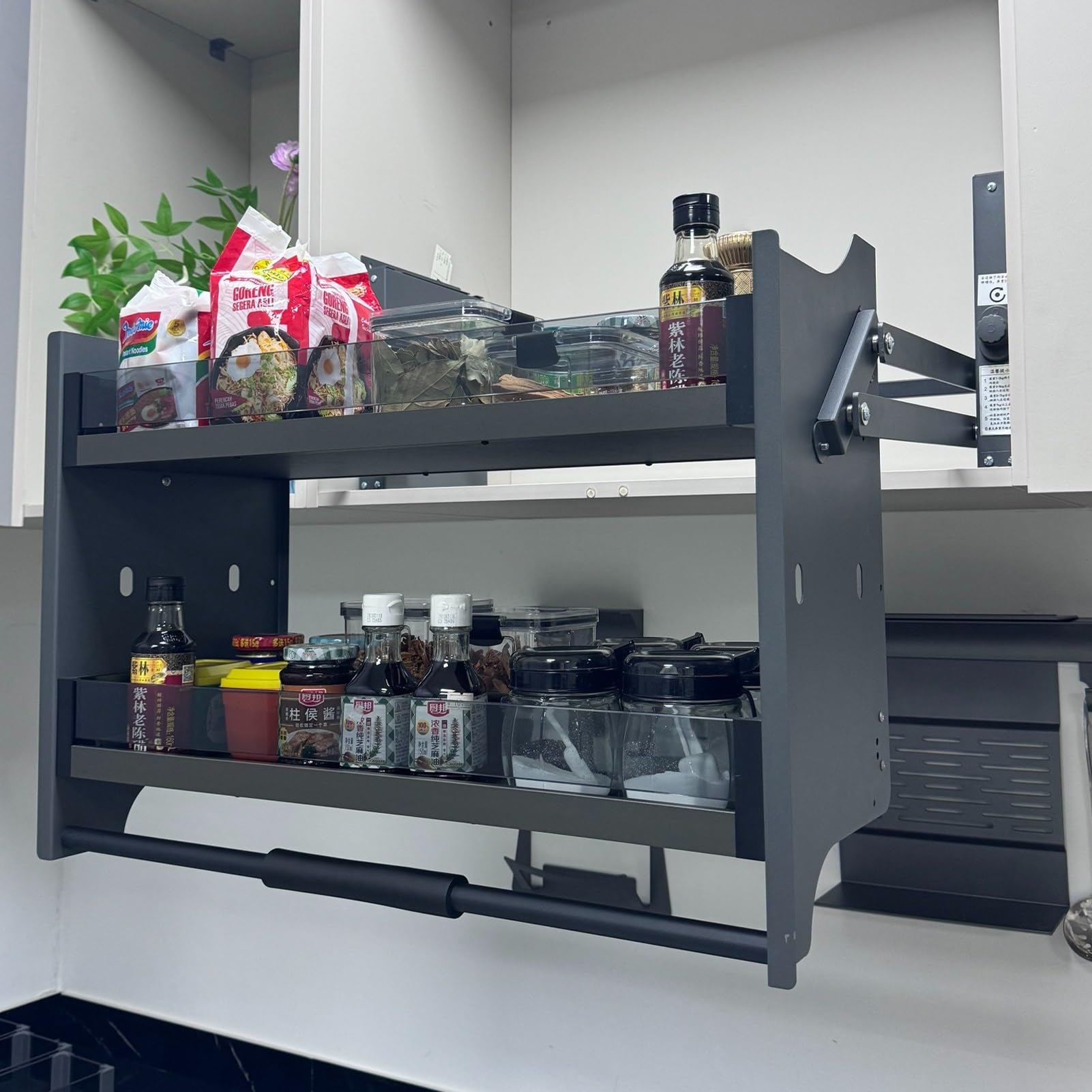 Ausziehbarer Schrank-Organizer, 2-stöckiges Metall-Küchenregal, verstellbares Hängeregal für obere Schränke, platzsparendes Gewürzregal für Küche, Speisekammer, Organisation (600)