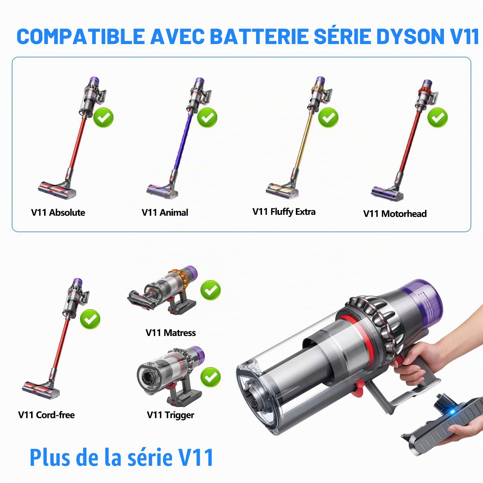 V11 Batterie (Version à enclenchement) Batterie de Remplacement pour Dyson V11 V15 Li-ION Animal/Absolute/Motorhead/Fluffy/à Main