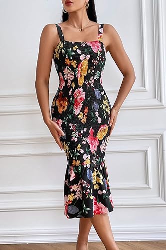 Miniatura 5 de PRETTYGARDEN - Vestido veraniego floral para mujer, por debajo de la rodilla, ajustado, sin mangas, con tirantes delgados y dobladillo con volados