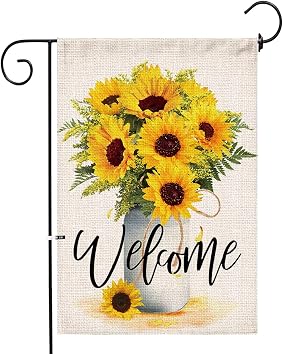 Hexagram Sunflower Summer Welcome Garden Flag 12x18 Inch | Seasonal, Burlap Double Sided, Yard Decor, Outside, Farmhouse