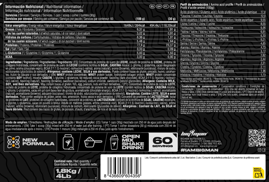 BigMan | Multi-Phase + CREATINE 300 + SHACKER | Proteína Secuencial | Proteína de Suero de Leche | Aislado de Proteína | Caseinato Calcico | Colageno | Gana Masa Muscular (Cookies)
