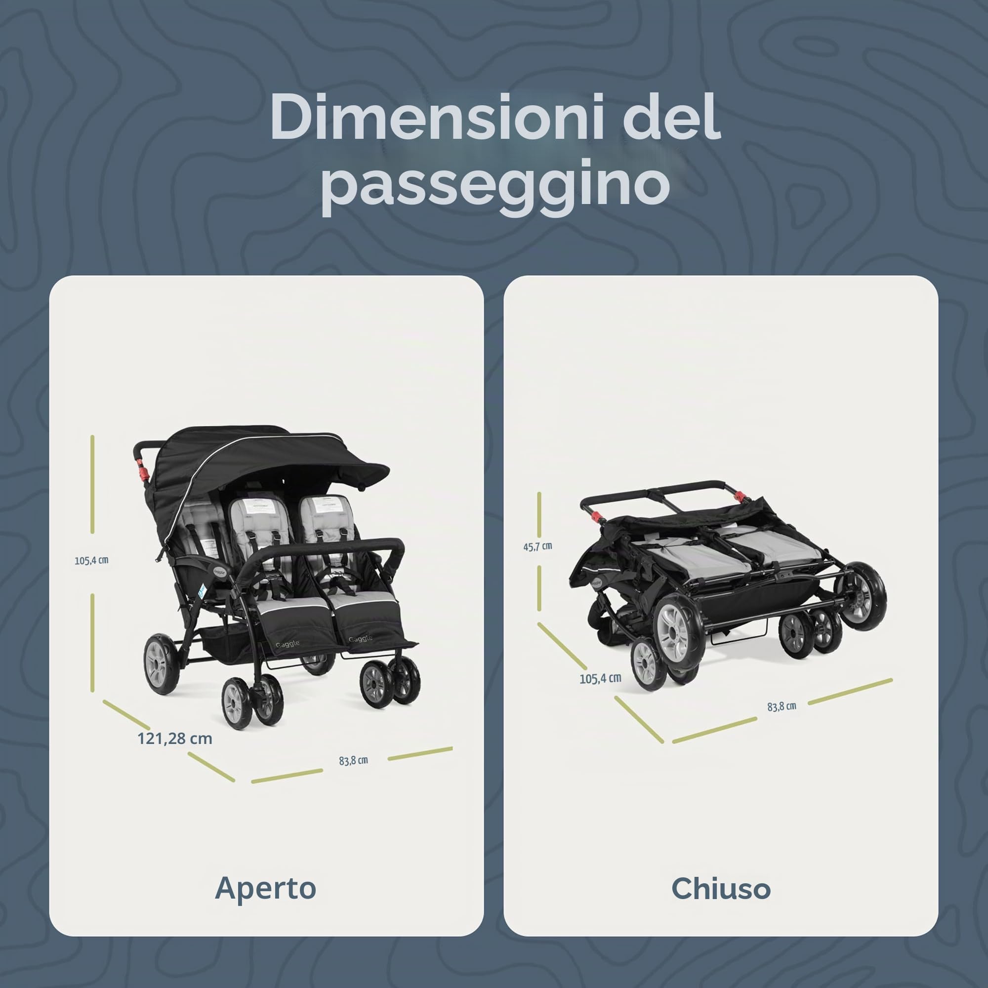 GAGGLE - Compass | Passeggino Quad, Nero | Passeggino a 4 posti, pieghevole, facile da riporre - Da 6 mesi a 4 anni - Imbracatura regolabile a 5 punti | Seggiolini regolabili | Parasole per passeggino