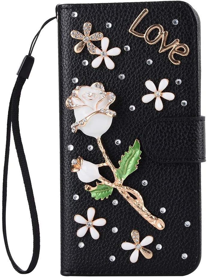 Awenroy Glitter Wallet Case for Samsung Galaxy Note 10 Plus Bling Rhinestones Diamonds Pattern and PU Leather Magnetic Flip Cover with Card Slots Holders Wallet Case - Black