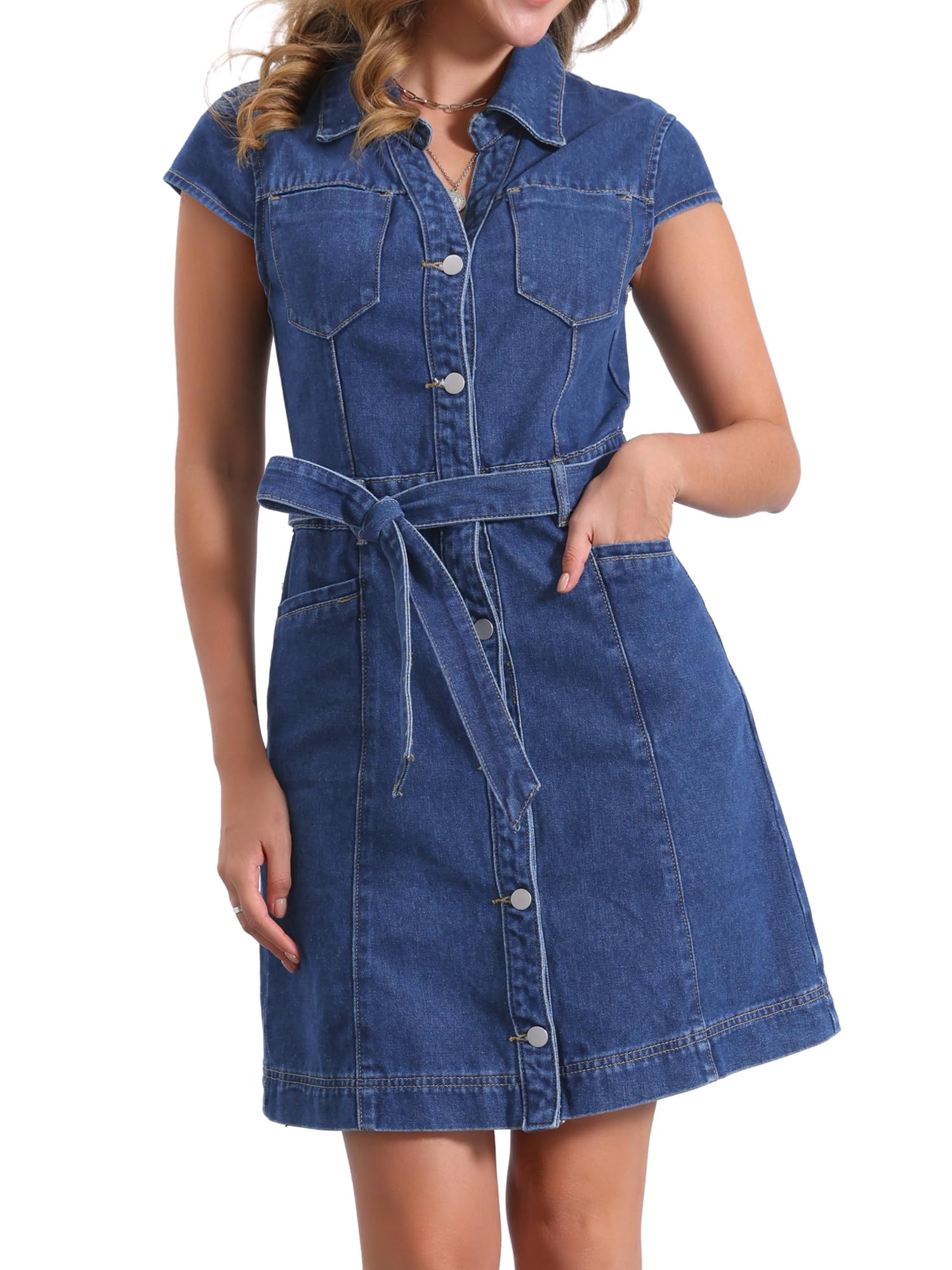 Allegra K Mujer Vestido Vaquero Casual Verano Manga Corta Cinturón Botones