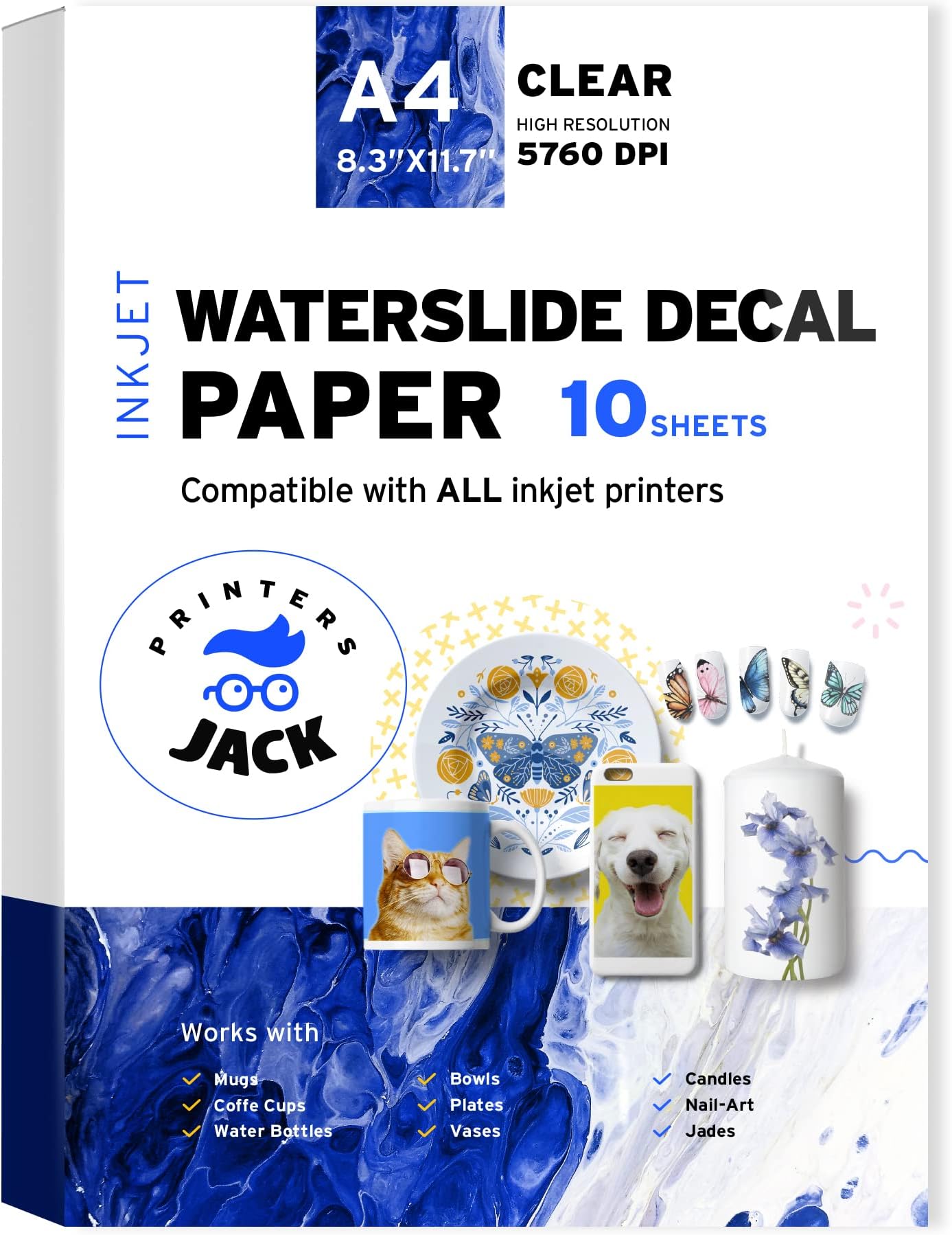 Printers Jack Water Slide Decal Paper Inkjet 10 Sheets A4 Size Premium Water Slide Transfer Paper Clear Transparent Printable Waterslide Paper for Tumblers, Mugs, Glasses DIY