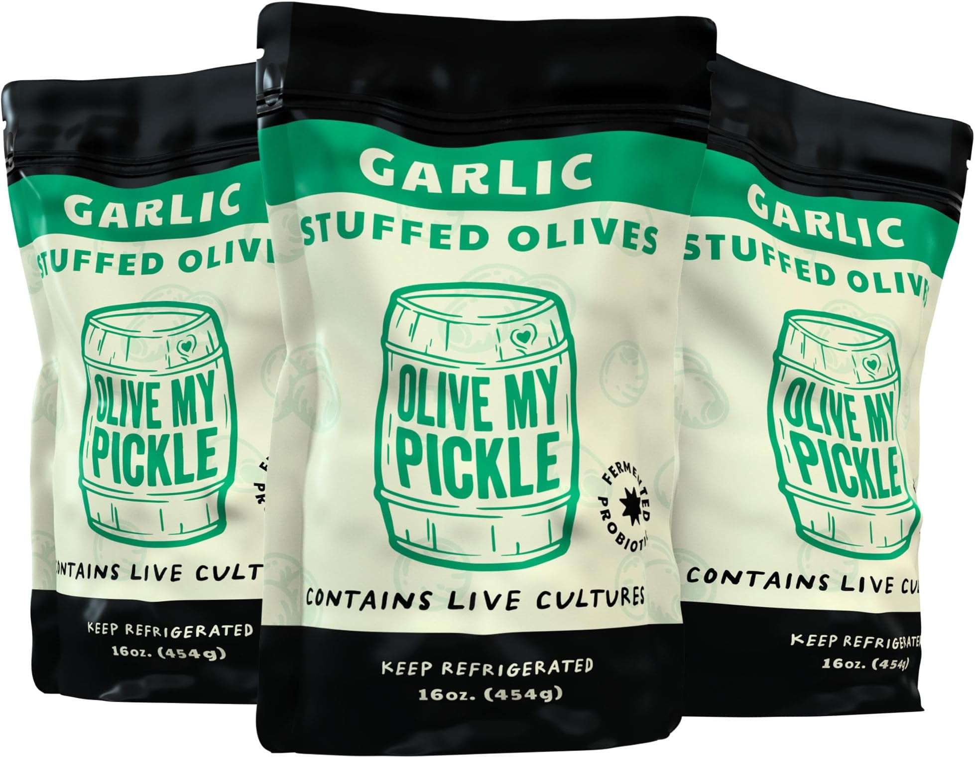 Olive My Pickle Garlic Stuffed Olives - 48 oz | 3 Pack Cocktail Olives Bundle of Garlic Stuffed Green Olives for Gut Health | Perfect Snack Olives Stuffed for Paleo, Keto & More - 16oz per bag