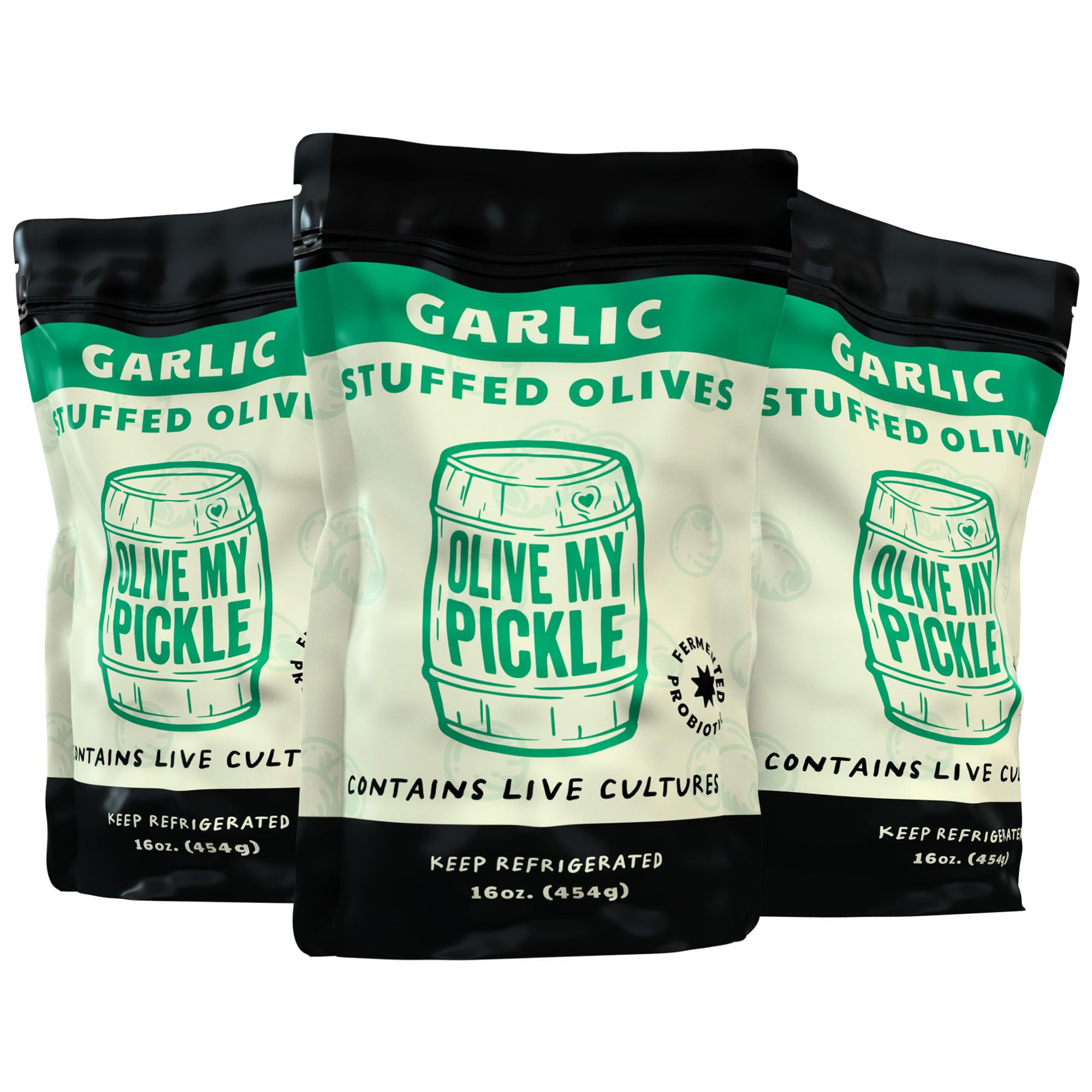 Olive My Pickle Garlic Stuffed Olives - 48 oz | 3 Pack Cocktail Olives Bundle of Garlic Stuffed Green Olives for Gut Health | Perfect Snack Olives Stuffed for Paleo, Keto & More - 16oz per bag